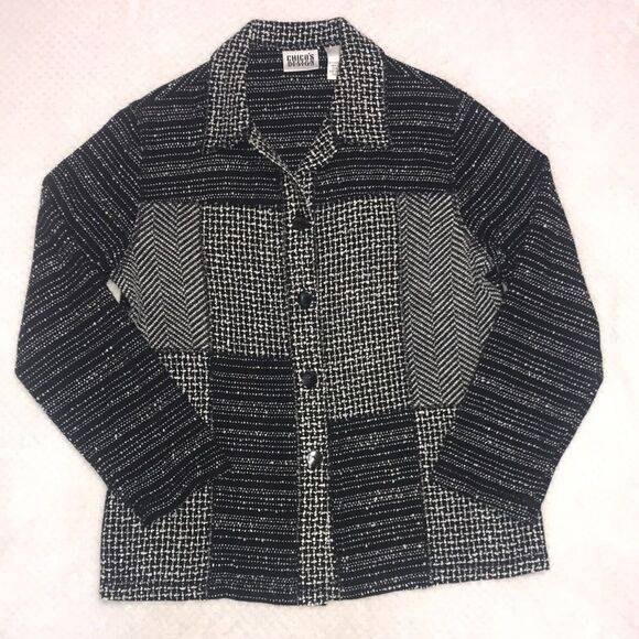 Chico’s Design Patchwork Look Jacket Button Front Black & White Size 1 Medium - Picture 1 of 12